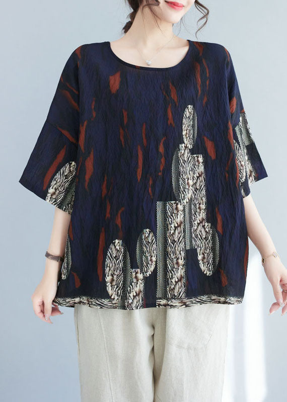 Retro Navy O Neck Print Patchwork Cotton T Shirt Summer