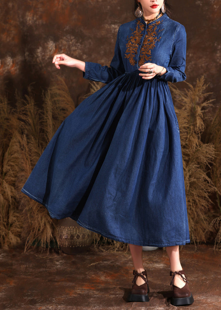 Retro Navy Stand Collar Wrinkled Patchwork Denim Long Dress Long Sleeve