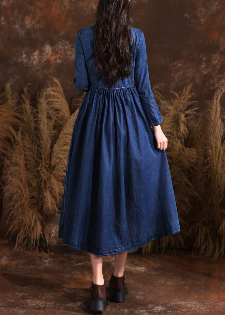 Retro Navy Stand Collar Wrinkled Patchwork Denim Long Dress Long Sleeve