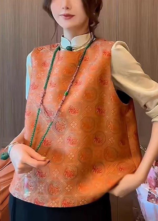 Retro New Chinese Style Orange Printed Vest Top Sleeveless