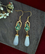 Retro Nude Copper Overgild Cat's Eye Stone Jade Enamel Water Drop Drop Earrings