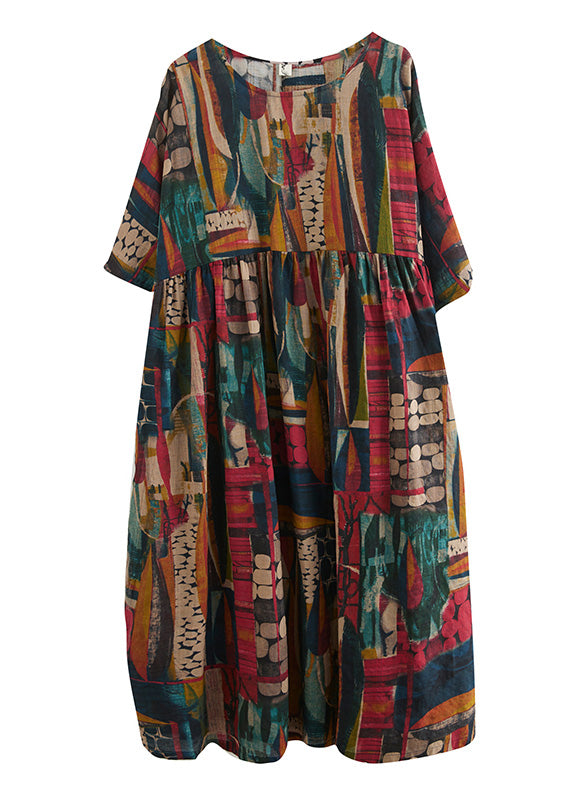 Retro O-Neck Print Party Maxi Dress Half Sleeve