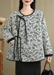 Retro O-Neck Tassel Pockets Print Cotton Coat Spring