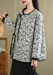 Retro O-Neck Tassel Pockets Print Cotton Coat Spring