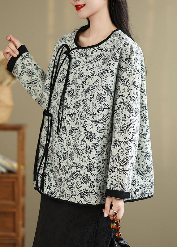 Retro O-Neck Tassel Pockets Print Cotton Coat Spring