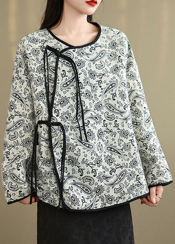 Retro O-Neck Tassel Pockets Print Cotton Coat Spring