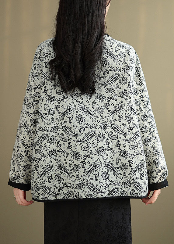 Retro O-Neck Tassel Pockets Print Cotton Coat Spring