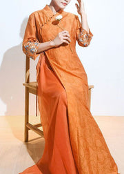 Retro Orange Embroideried Lace Up Patchwork Silk Dresses Summer