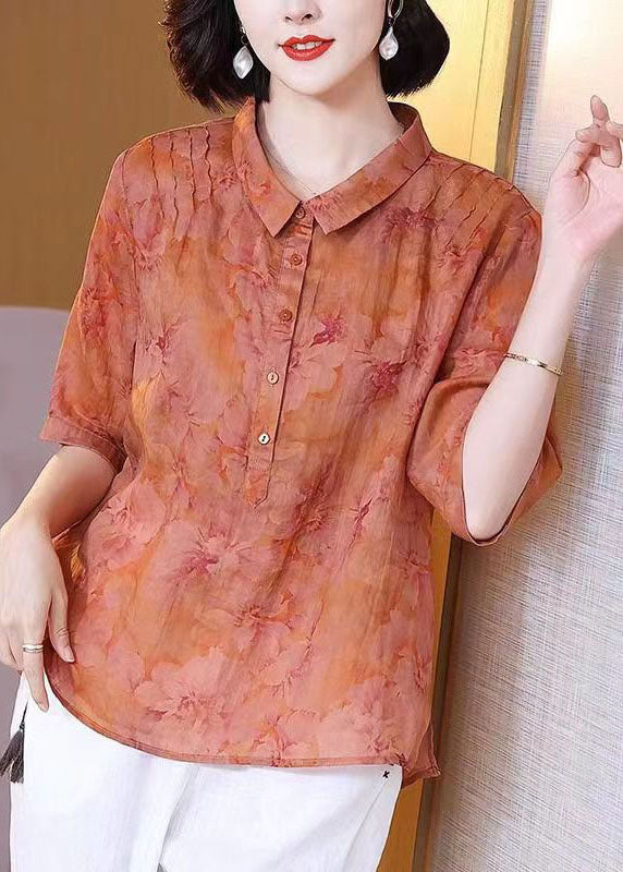 Retro Orange Peter Pan Collar Print Patchwork Linen Top Summer