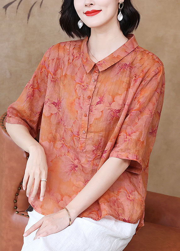 Retro Orange Peter Pan Collar Print Patchwork Linen Top Summer