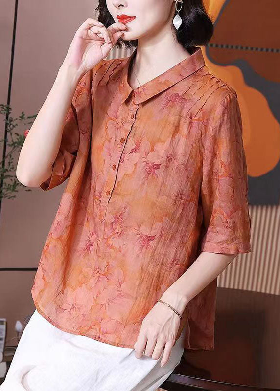 Retro Orange Peter Pan Collar Print Patchwork Linen Top Summer