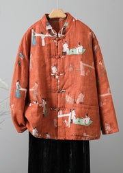 Retro Orange Stand Collar Print Fine Cotton Filled Jacket Spring