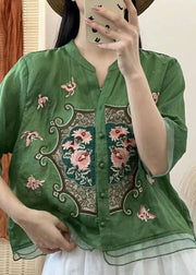 Retro Orange V Neck Embroidered Button Patchwork Linen Shirts Half Sleeve