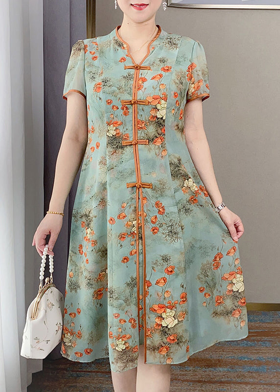 Retro Orange V Neck Print Chinese Button Silk Dress Summer