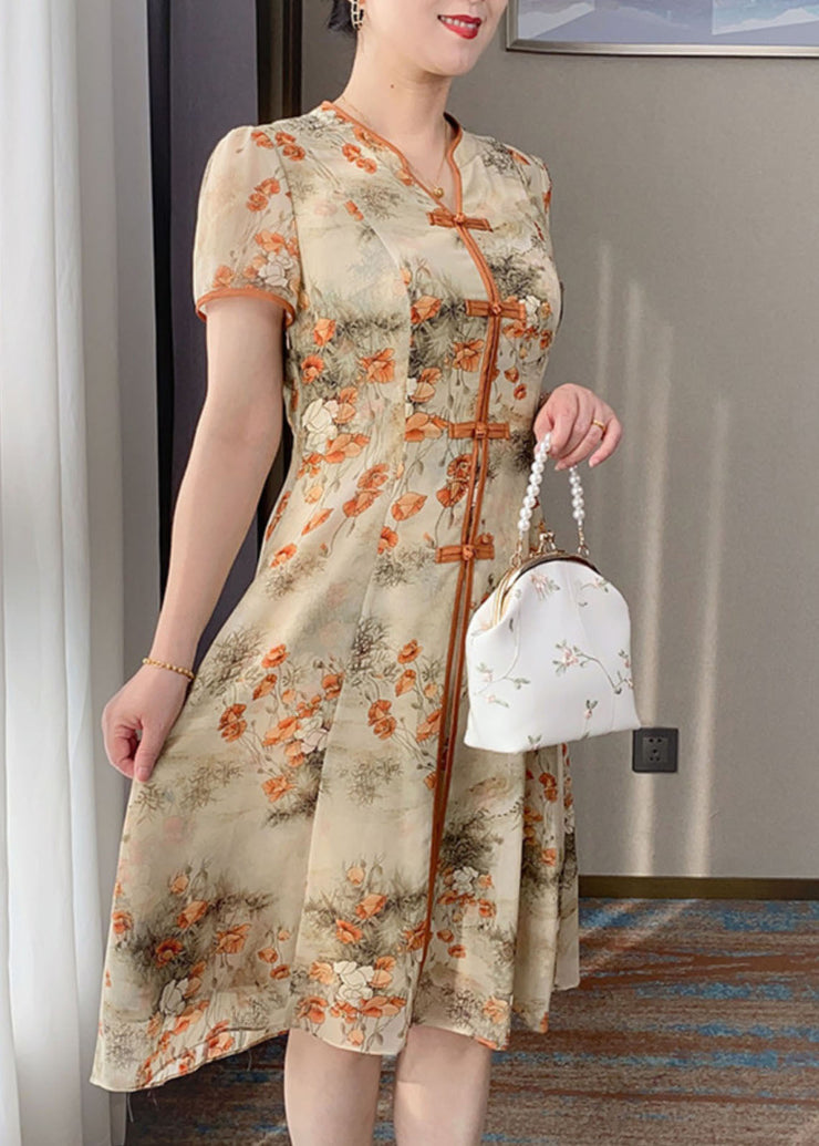 Retro Orange V Neck Print Chinese Button Silk Dress Summer