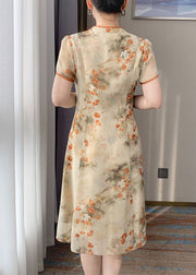 Retro Orange V Neck Print Chinese Button Silk Dress Summer