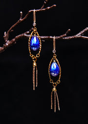 Retro Peacock Blue Water Droplet Gem Stone Tassels Drop Earrings