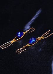 Retro Peacock Blue Water Droplet Gem Stone Tassels Drop Earrings