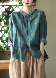 Retro Peacock Green-dark pattern Peter Pan Collar Print Button Wrinkled Shirts Long Sleeve