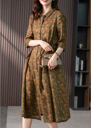 Retro Peter Pan Collar Print Button Slim Linen Maxi Dress Half Sleeve