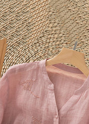 Retro Pink Embroideried Button Patchwork Linen Shirt Top Summer