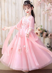 Retro Pink Floral Butterfly Embroideried Patchwork Chiffon Kids Girls Long Dresses Summer