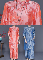 Retro Pink Jacquard Silk Dress And Pant Two Piece Suit Set Summer