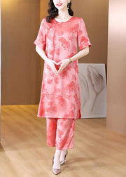 Retro Pink O-Neck Tasseled Jacquard Patchwork Silk Two Pieces Set Summer