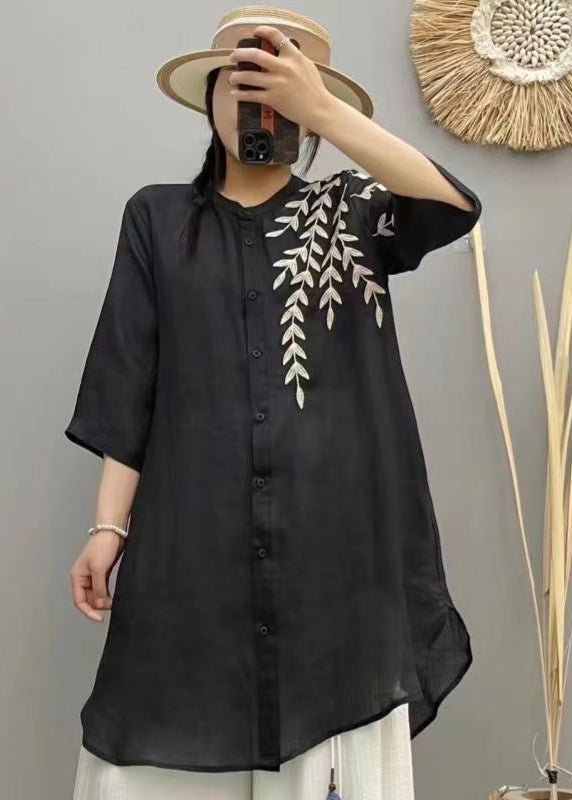 Retro Black Stand Collar Embroidered Linen Shirts Bracelet Sleeve