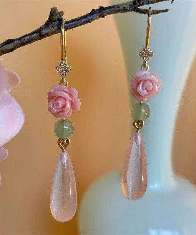 Retro Pink Sterling Silver Overgild Water Drop Rose Drop Earrings