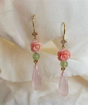 Retro Pink Sterling Silver Overgild Water Drop Rose Drop Earrings