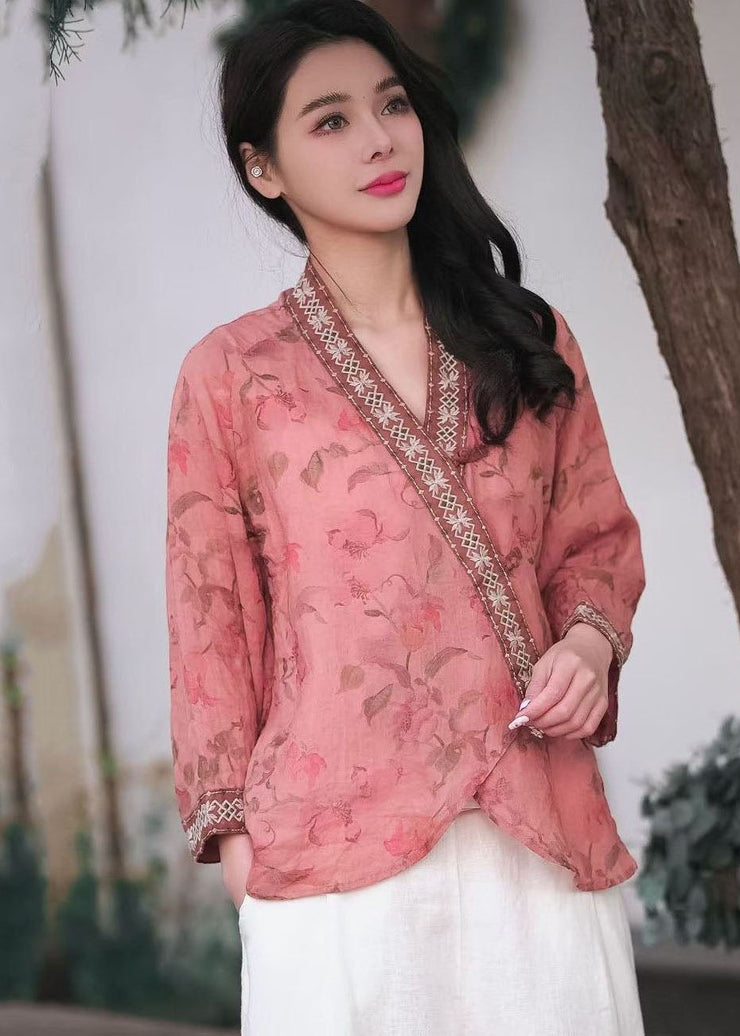 Retro Pink V Neck Embroideried Chinese Button Patchwork Linen Top Spring