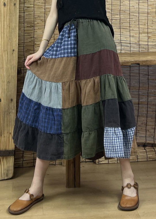 Retro Plaid Elastic Waist Patchwork Cotton Skirts Fall