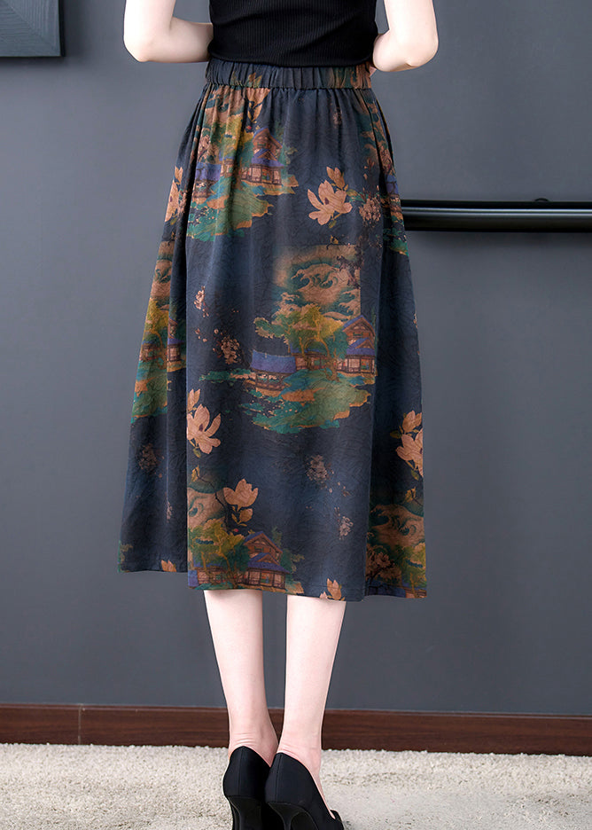 Retro Print Silk Draping A line Skirt