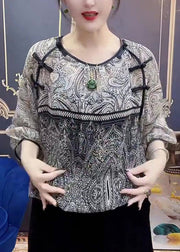 Retro Print O-Neck Chiffon Top Long Sleeve