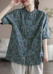 Retro Print Wrinkled Button Cotton Short Sleeve