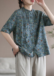 Retro Print Wrinkled Button Cotton Short Sleeve