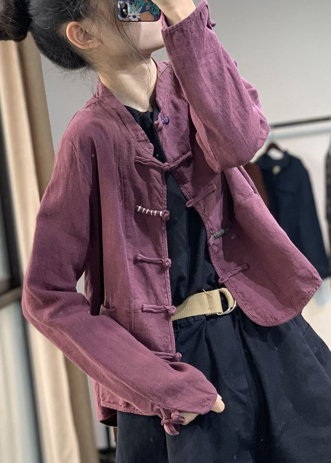 Retro Purple Chinese Button Pockets Linen Coat Fall