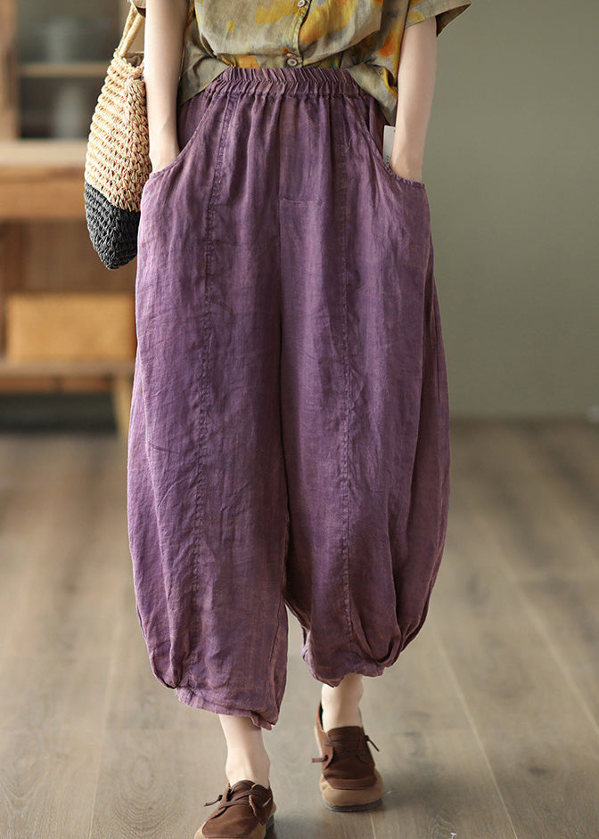 Retro Purple Elastic Waist Solid Ramie Lantern Pants Summer