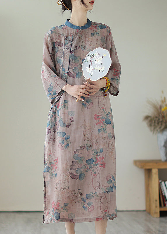 Retro Purple Grey Print Side Open Linen Long Dresses Summer