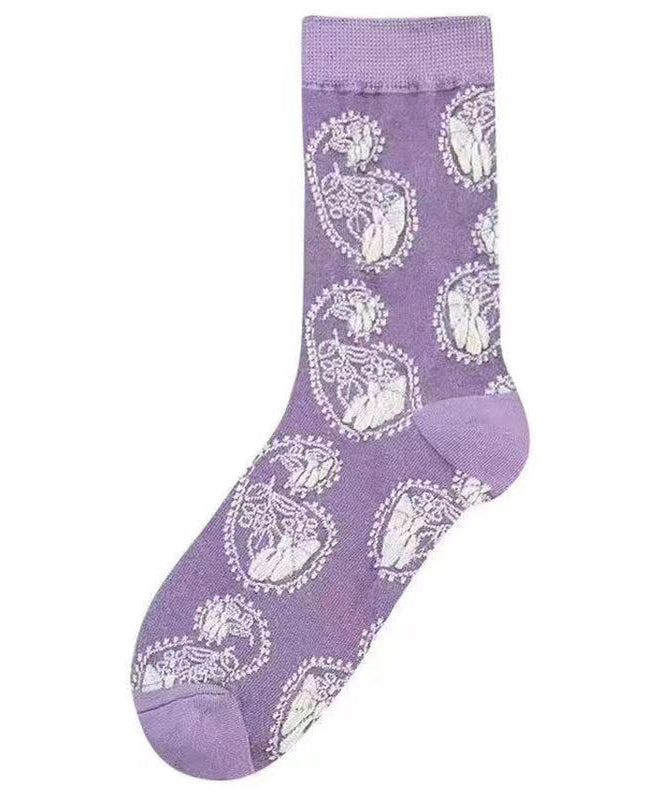 Retro Purple Jacquard Thick Cotton Mid Calf Socks