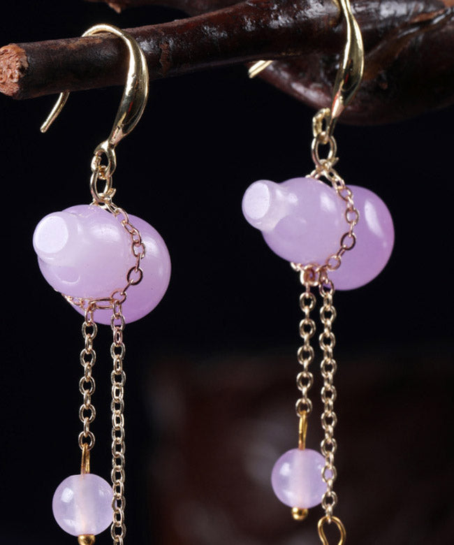 Retro Purple Overgild Chalcedony Tassel Gourd Drop Earrings