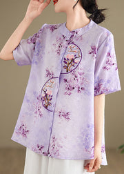 Retro Purple Stand Collar Embroidered Cotton Shirt Summer