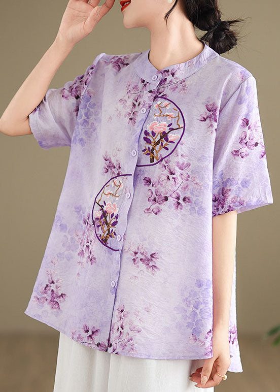 Retro Purple Stand Collar Embroidered Cotton Shirt Summer