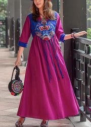 Retro Purple Tasseled Embroidered Patchwork Cotton Long Dresses Spring