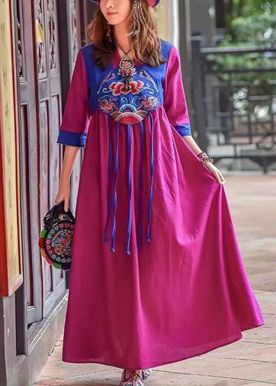 Retro Purple Tasseled Embroidered Patchwork Cotton Long Dresses Spring