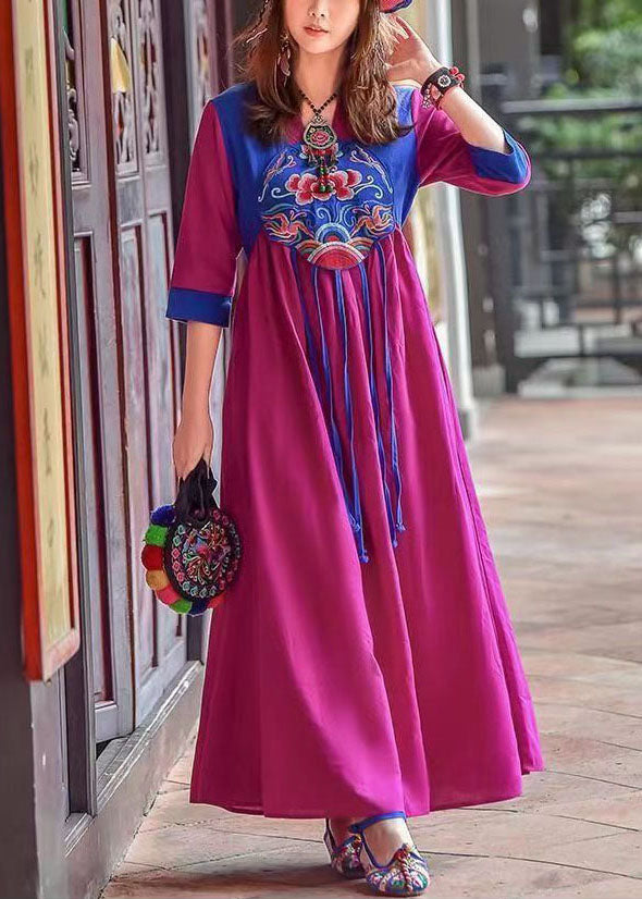 Retro Purple Tasseled Embroidered Patchwork Cotton Long Dresses Spring