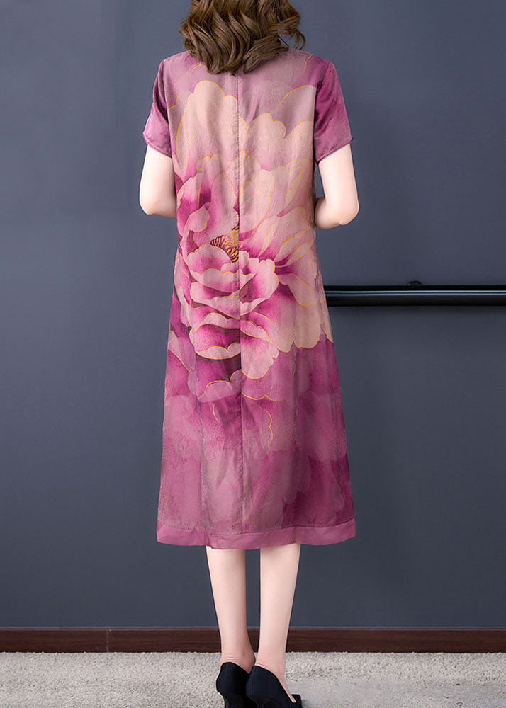 Retro Purple Tasseled Print Patchwork Silk Dresses Summer