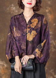 Retro Purple V Neck Print Patchwork Silk Coat Batwing Sleeve