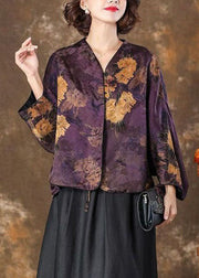 Retro Purple V Neck Print Patchwork Silk Coat Batwing Sleeve